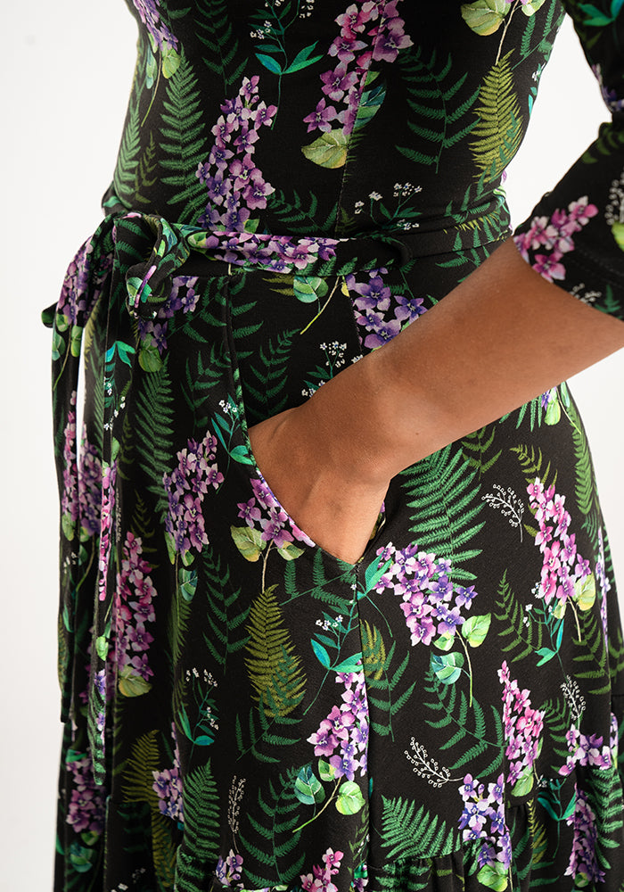 Farley Purple Floral & Fern Leaf Tiered Hem Cotton Midi Dress
