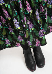 Farley Purple Floral & Fern Leaf Tiered Hem Cotton Midi Dress