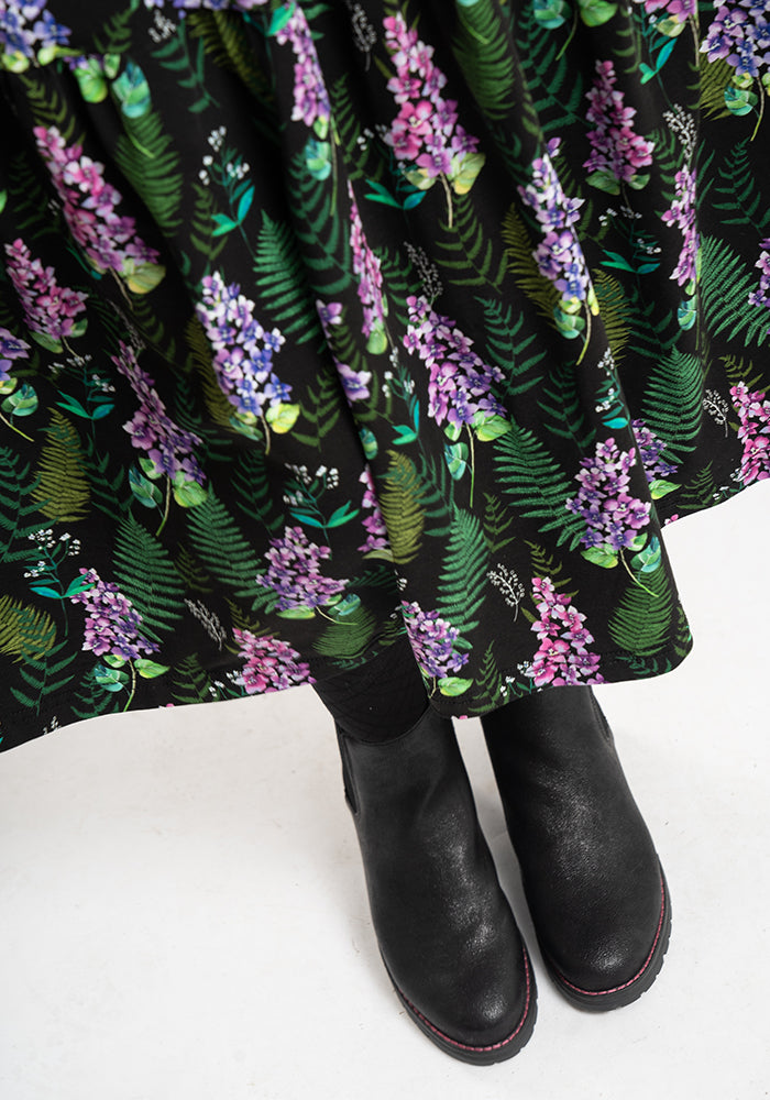 Farley Purple Floral & Fern Leaf Tiered Hem Cotton Midi Dress