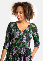 Farley Purple Floral & Fern Leaf Tiered Hem Cotton Midi Dress