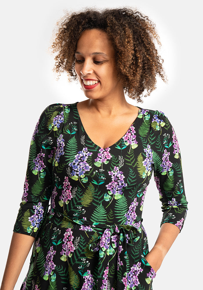 Farley Purple Floral & Fern Leaf Tiered Hem Cotton Midi Dress
