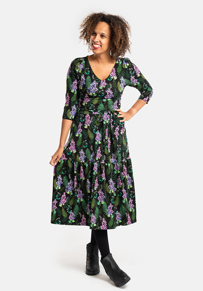 Farley Purple Floral & Fern Leaf Tiered Hem Cotton Midi Dress