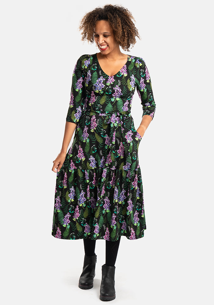Farley Purple Floral & Fern Leaf Tiered Hem Cotton Midi Dress