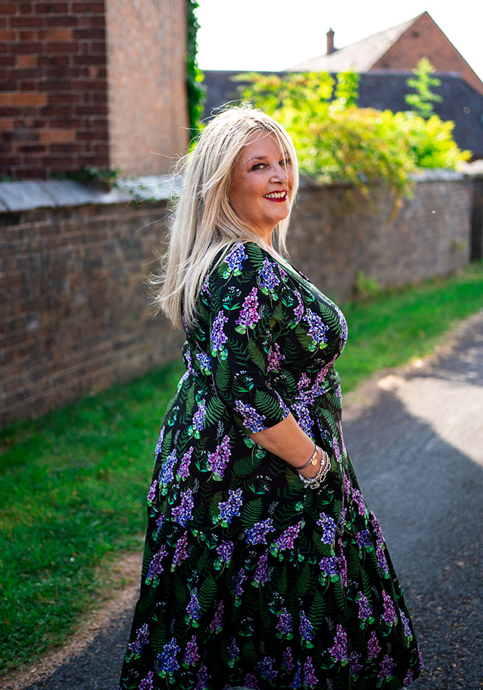 Farley Purple Floral & Fern Leaf Tiered Hem Cotton Midi Dress