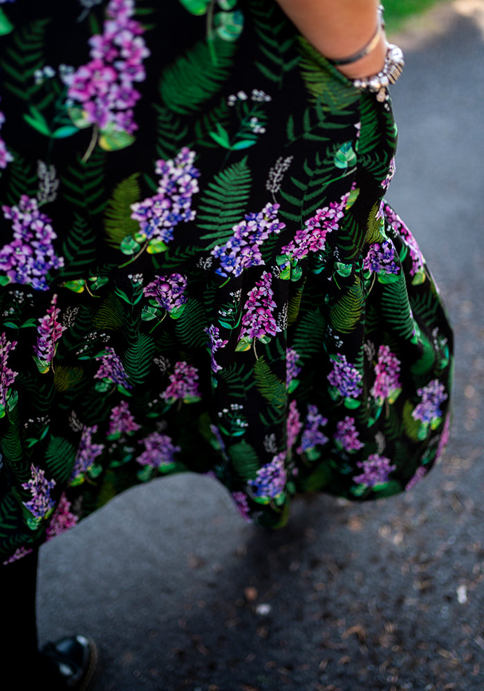 Farley Purple Floral & Fern Leaf Tiered Hem Cotton Midi Dress