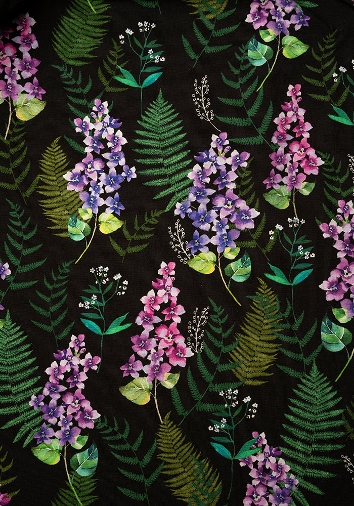 Farley Purple Floral & Fern Leaf Tiered Hem Cotton Midi Dress