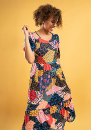 Farrago Ditsy Patchwork Print Tiered Hem Midi Dress