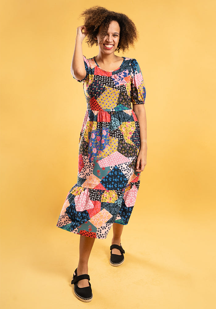 Farrago Ditsy Patchwork Print Tiered Hem Midi Dress