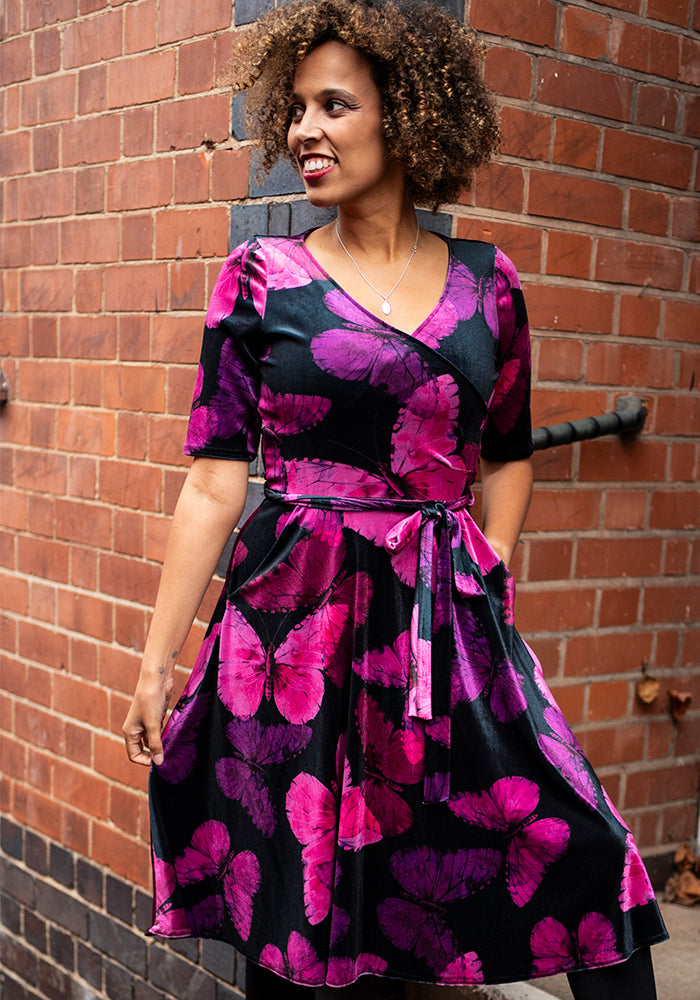 Third angle of Farasha Butterfly Printed Velour Swing Dress