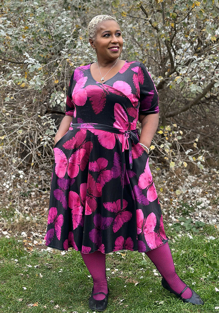 Front view of Farasha Butterfly Printed Velour Swing Dress