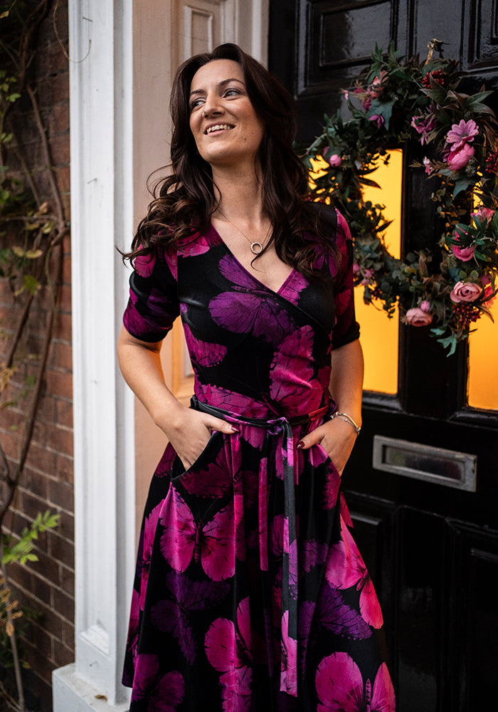 Farasha Butterfly Printed Velour Swing Dress