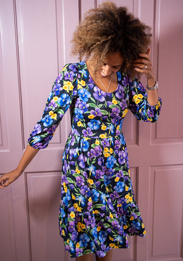 Fifth angle of February Birth Flower Violet Print Dress