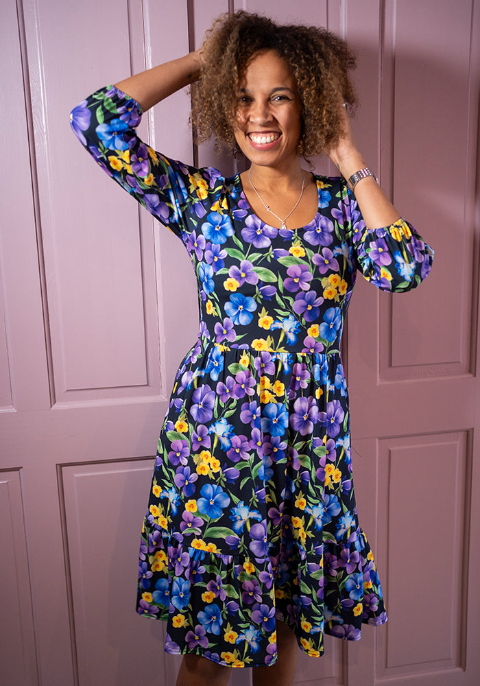 Front view of February Birth Flower Violet Print Dress