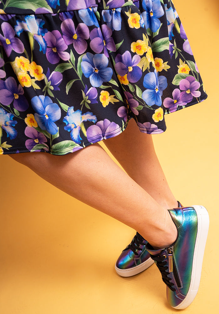 Third angle of February Birth Flower Violet Print Dress