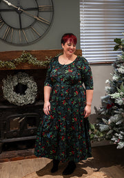Festive Holly & Berry Print Cotton Midaxi Dress