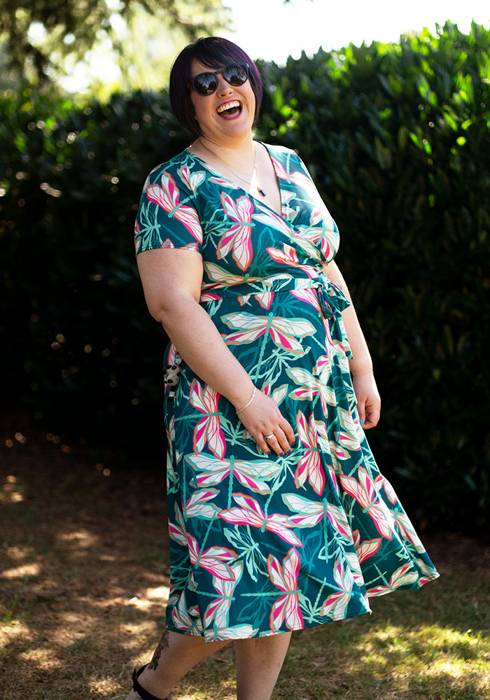 Front view of Ffion Layered Dragonfly Print Midi Dress
