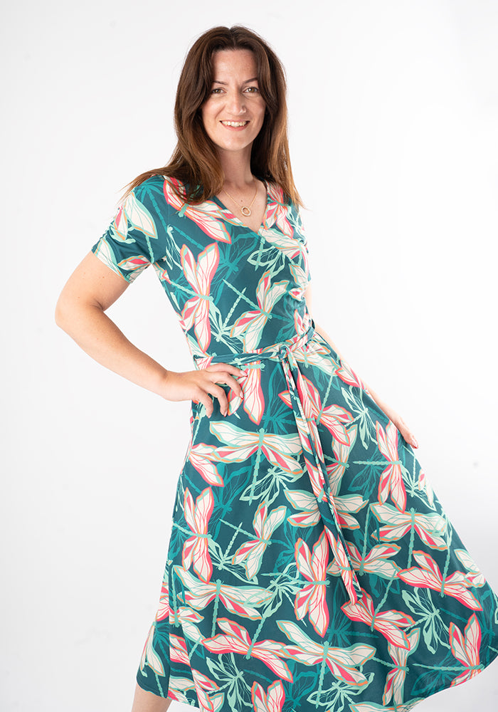 Third angle of Ffion Layered Dragonfly Print Midi Dress