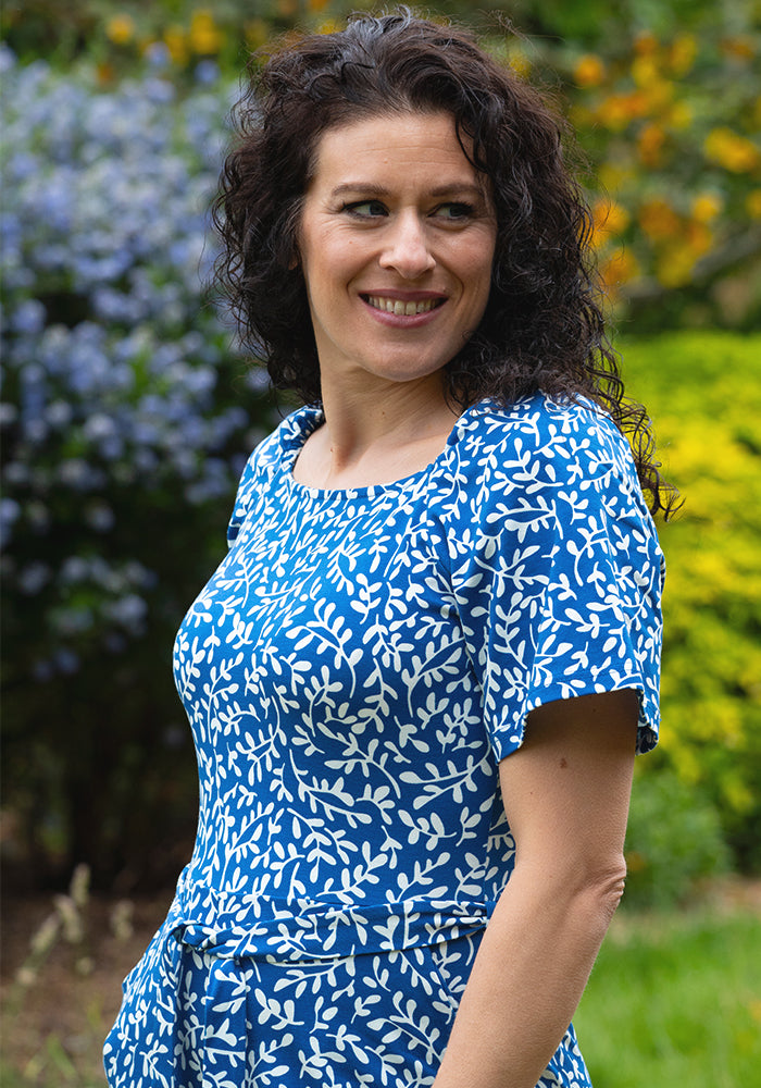 Fourth angle of Fia Blue Sprig Print Cotton Playsuit, blue and white cotton playsuit with all-over sprig pattern.