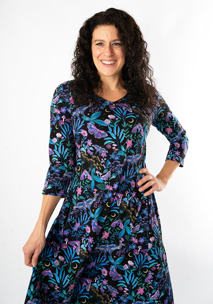 Fienna Mystical Moths Print Cotton Trapeze Dress