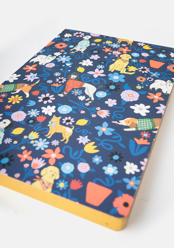 Second angle of Cute Floral Dog Print Notebook - Colourful Quirky Journal Gift