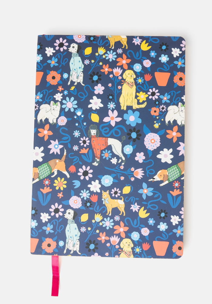 Front view of Cute Floral Dog Print Notebook - Colourful Quirky Journal Gift