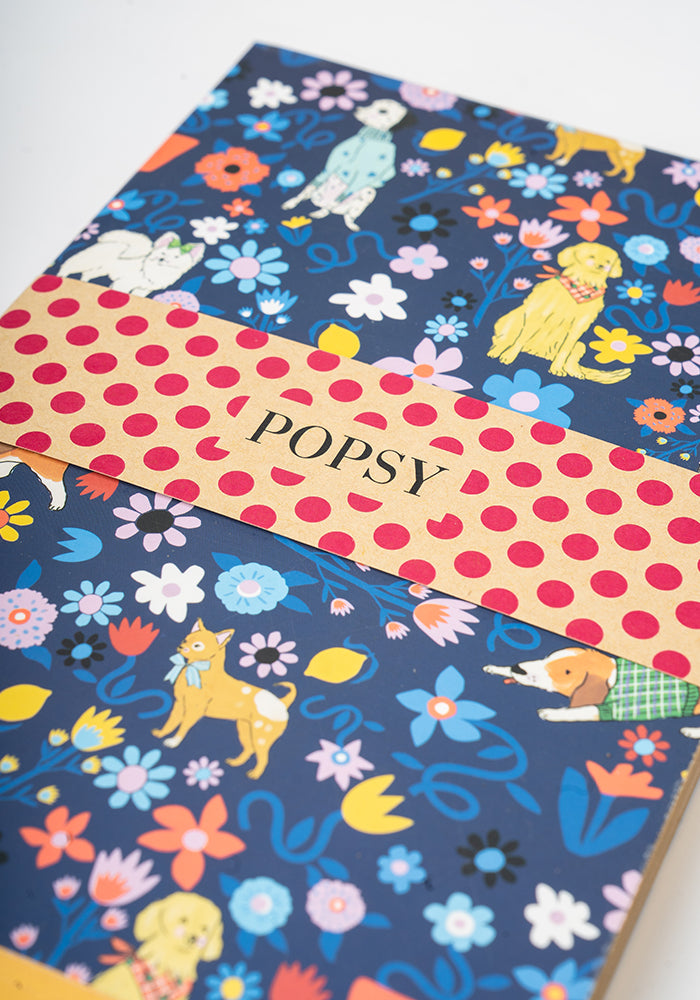 Third angle of Cute Floral Dog Print Notebook - Colourful Quirky Journal Gift
