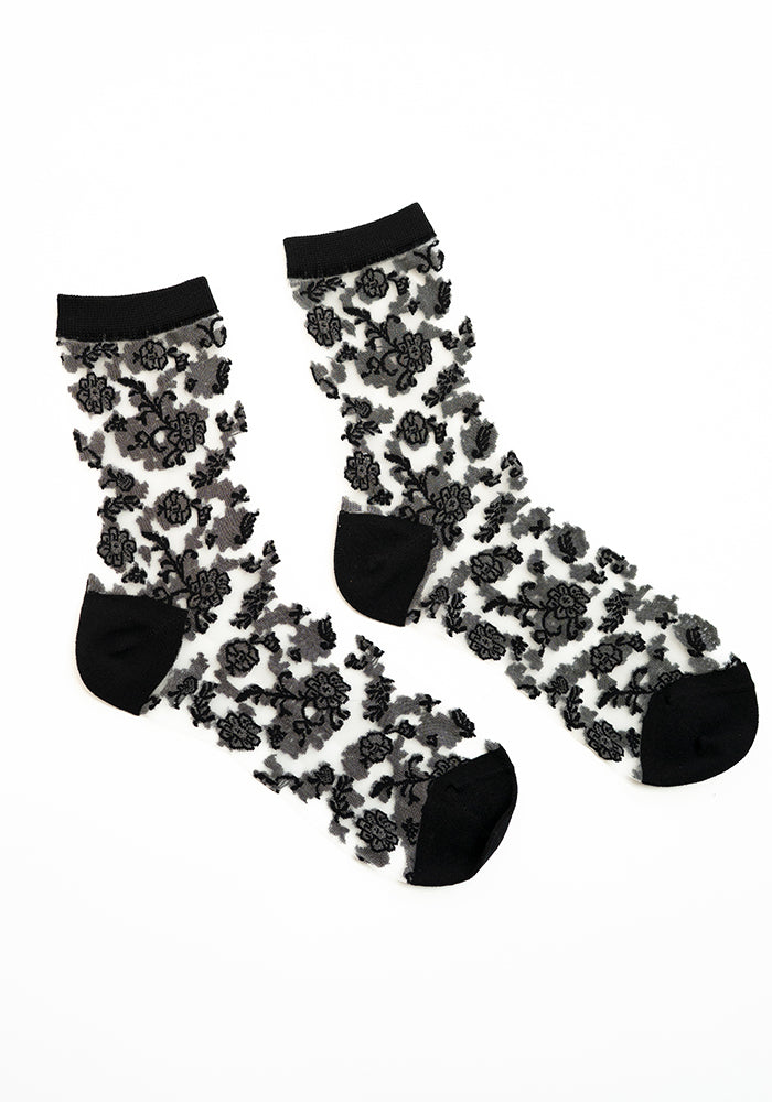 Third angle of Black Floral Bloom Sheer Ankle Socks, effortlessly stylish black sheer ankle socks.