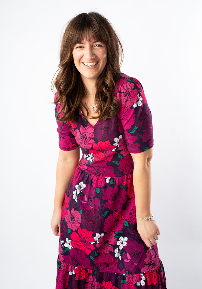 Florie Bold Floral Print Cotton Tiered Hem Midaxi Dress