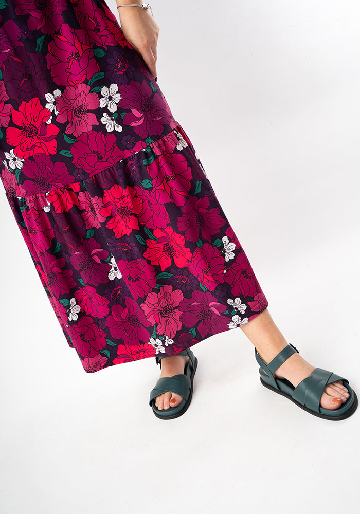 Florie Bold Floral Print Cotton Tiered Hem Midaxi Dress