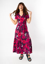 Florie Bold Floral Print Cotton Tiered Hem Midaxi Dress