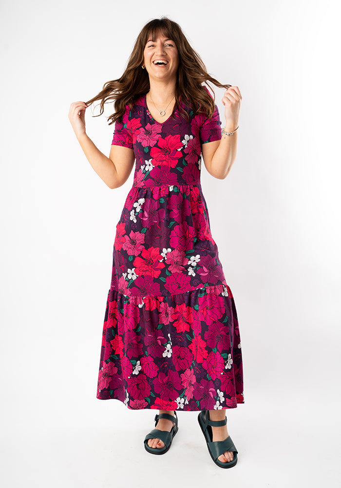 Florie Bold Floral Print Cotton Tiered Hem Midaxi Dress
