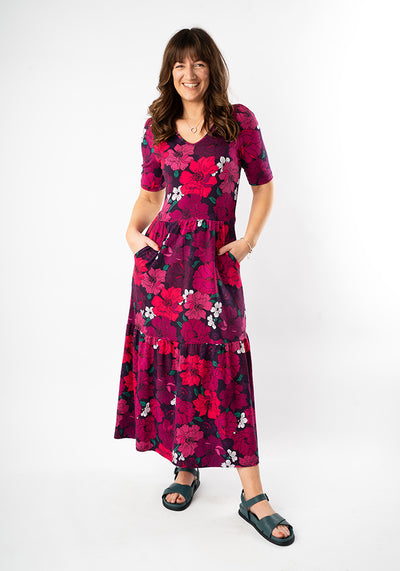 Florie Bold Floral Print Cotton Tiered Hem Midaxi Dress