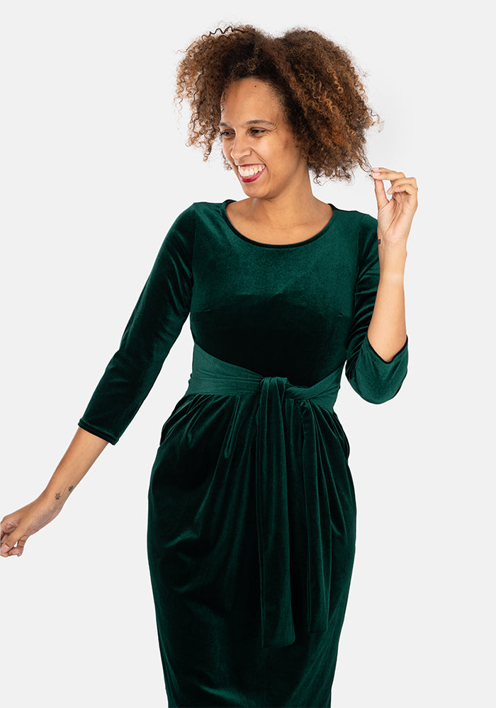 Forest Bottle Green Velvet Dress