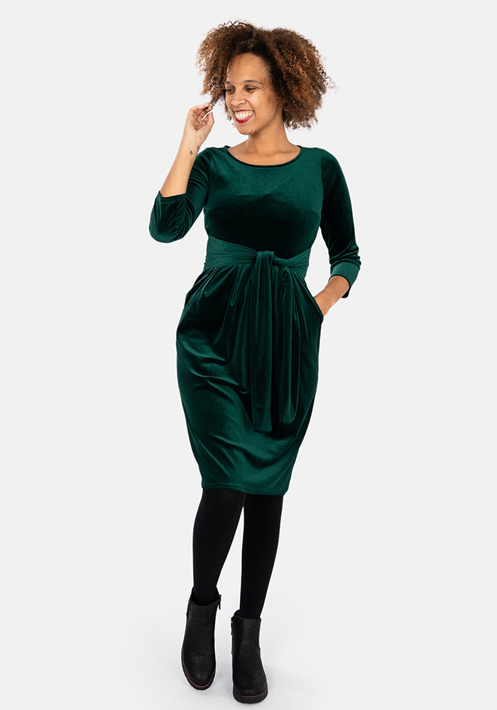 Forest Bottle Green Velvet Dress
