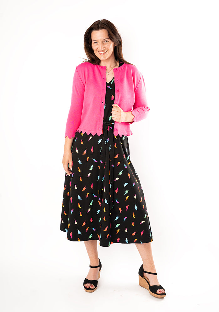 Front view of Fuchsia Fine Knit Scallop Cardigan