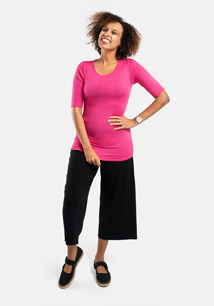 Second angle of Fuchsia 1 and 2 Sleeve Round Neck Top