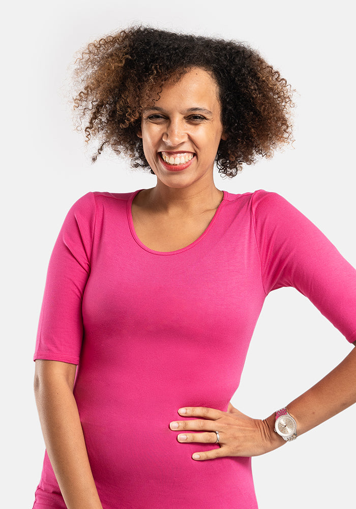 Front view of Fuchsia 1 and 2 Sleeve Round Neck Top