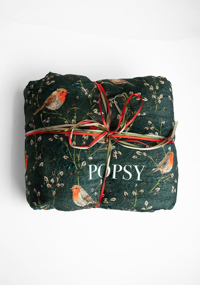 Extra Long Green Robins Print Plush Throw Blanket (Pop-Under)