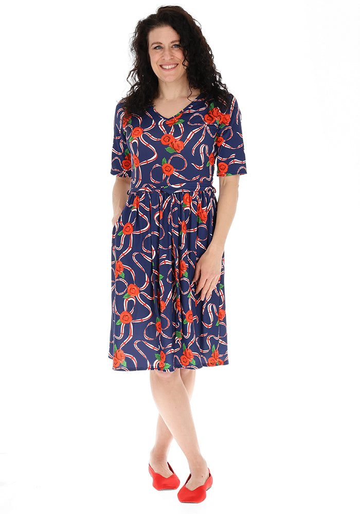Third angle of Navy England Print Gathered Waist Jersey Dress