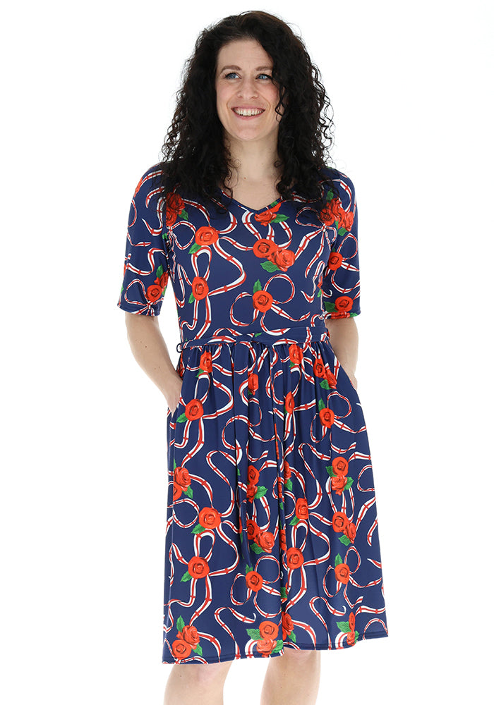 Fifth angle of Navy England Print Gathered Waist Jersey Dress