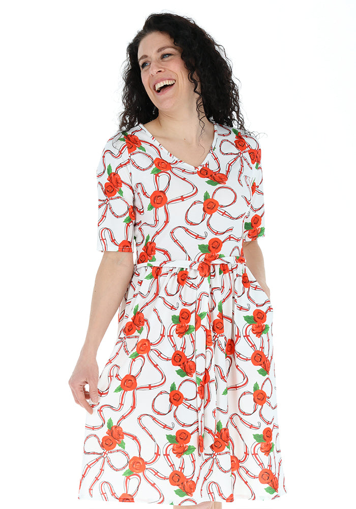 Seventh angle of White England Print Gathered Waist Jersey Dress, a white dress with a romantic English print.