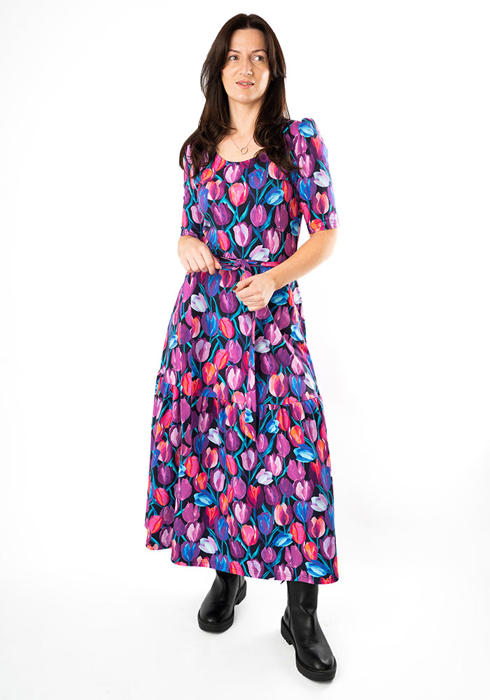 Seventh angle of Gaenor Hand Painted Tulips Print Cotton Midaxi Dress