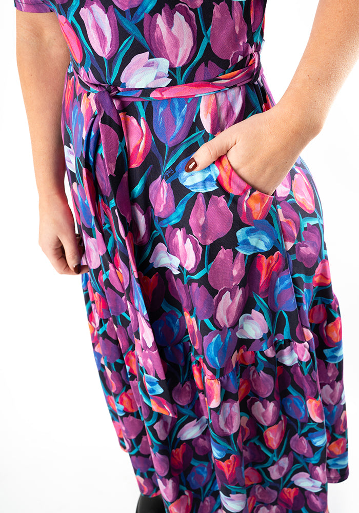Eighth angle of Gaenor Hand Painted Tulips Print Cotton Midaxi Dress