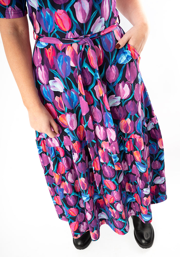Sixth angle of Gaenor Hand Painted Tulips Print Cotton Midaxi Dress