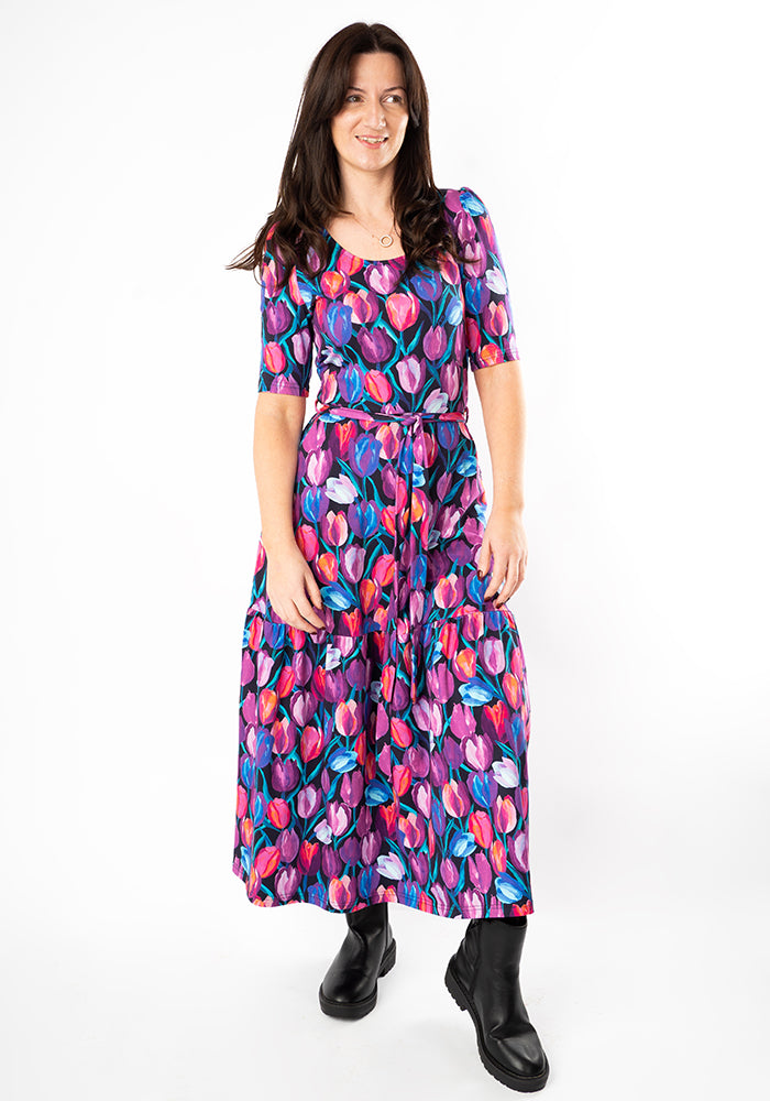 Third angle of Gaenor Hand Painted Tulips Print Cotton Midaxi Dress