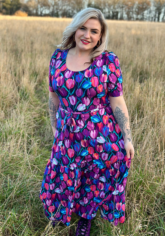 Fifth angle of Gaenor Hand Painted Tulips Print Cotton Midaxi Dress