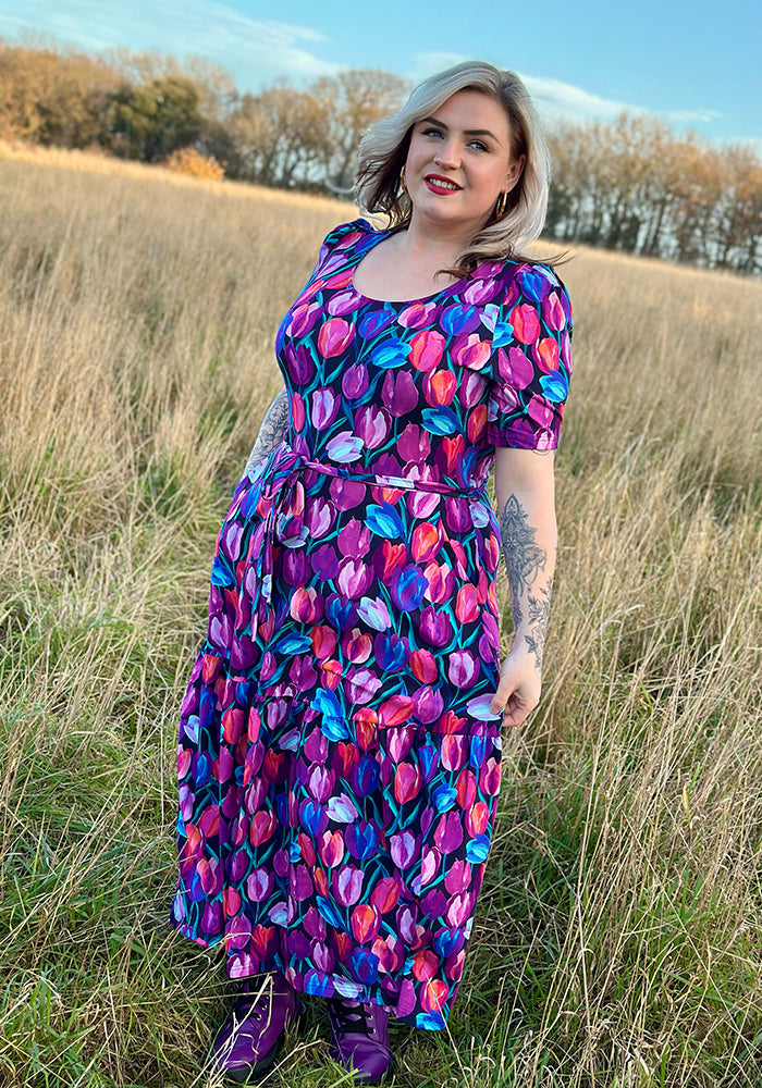 Ninth angle of Gaenor Hand Painted Tulips Print Cotton Midaxi Dress