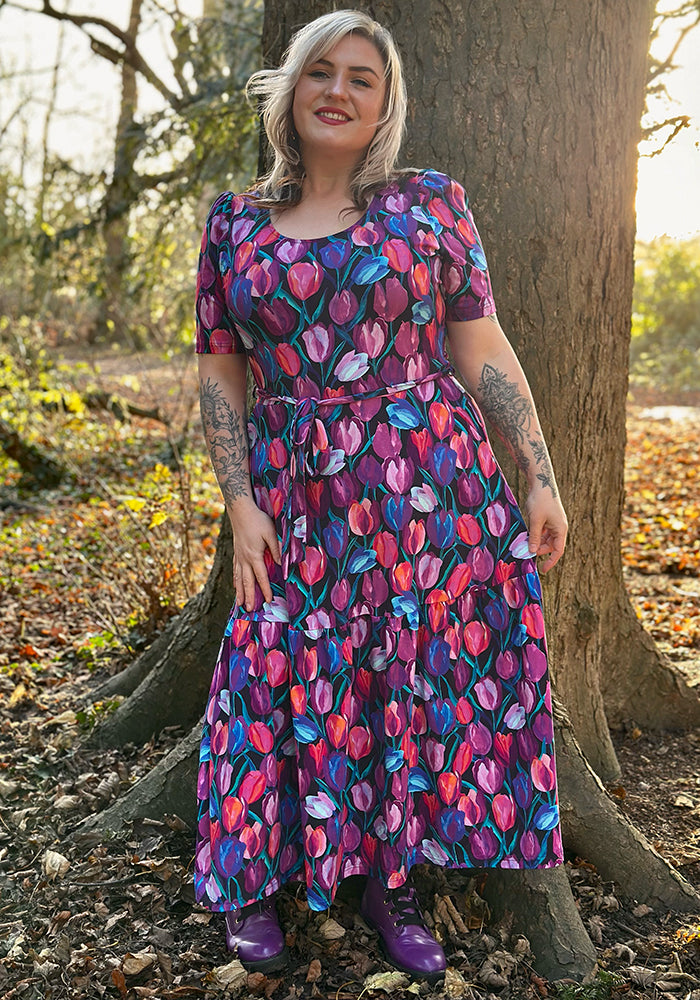 Front view of Gaenor Hand Painted Tulips Print Cotton Midaxi Dress
