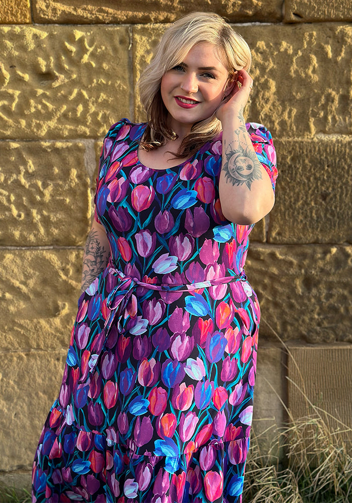 Fourth angle of Gaenor Hand Painted Tulips Print Cotton Midaxi Dress