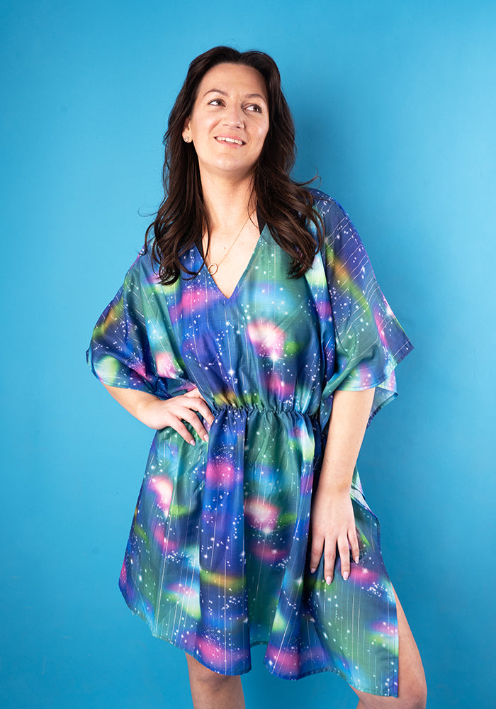 Front view of Galaxy Print With Silver Lurex Cover Up